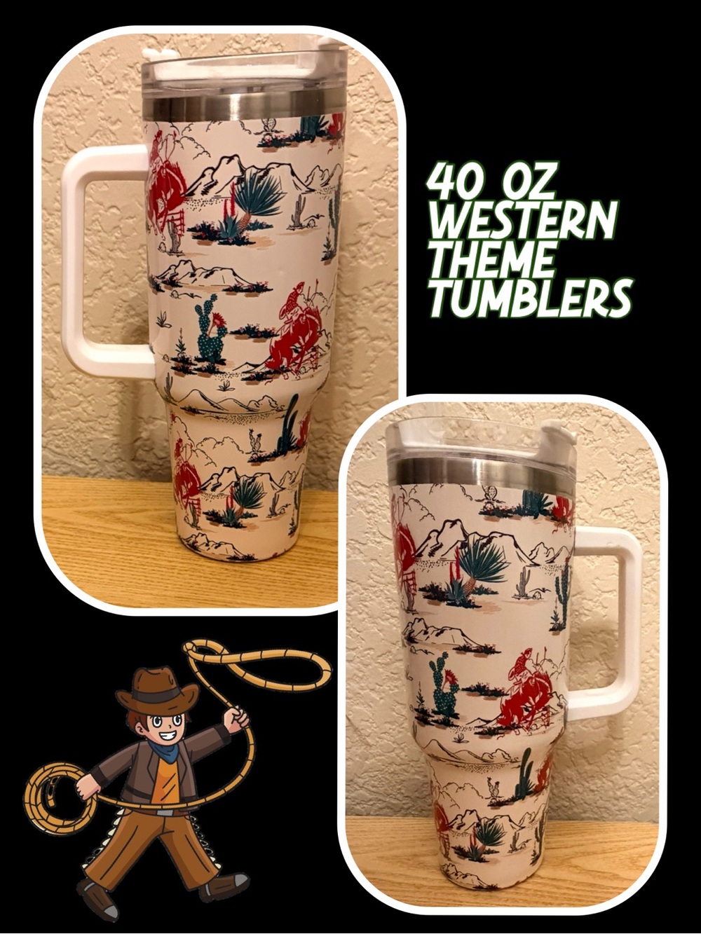 Western-Print 40 oz Travel Tumbler with Handle -